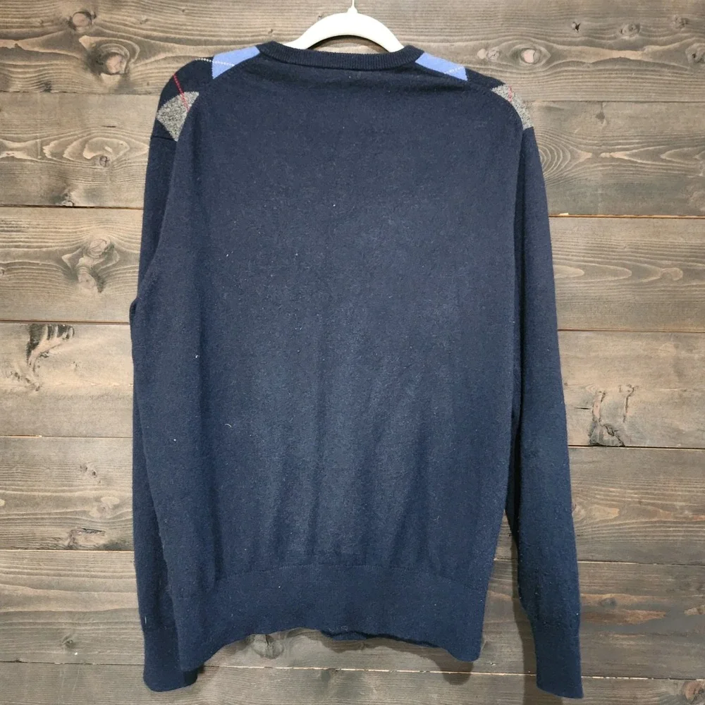 Daniel Cremieux 100% Cashmere Argyle V-Neck Sweater Men's Large Navy Blue Preppy